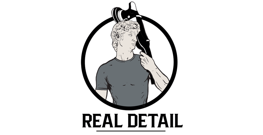 Logo of a person with messy hair in a circular frame above the text “REAL DETAIL”