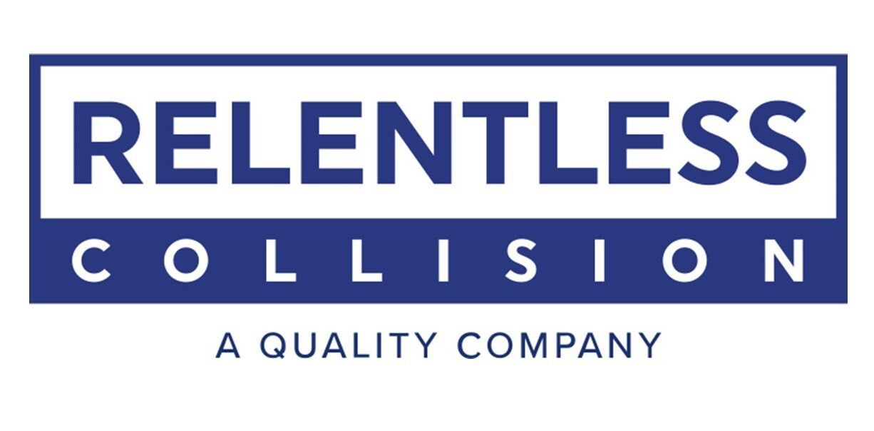 Relentless Collision logo in blue and white with the tagline “A Quality Company”