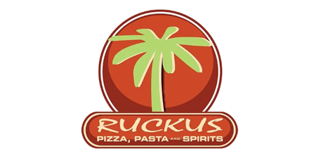 Ruckus Pizza logo with a green palm tree inside a red circle and the words “Ruckus Pizza.”