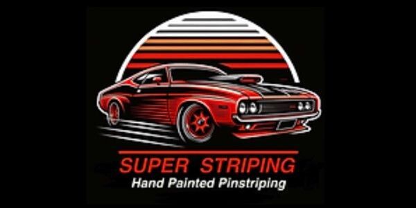 Red muscle car with red stripes and sunset circle logo reading “Super Striping” and “Hand Painted Pinstripping”