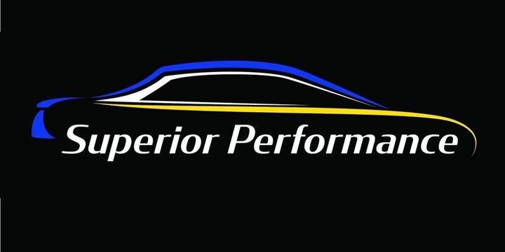 Superior Performance logo with a blue and gold car silhouette on a black background