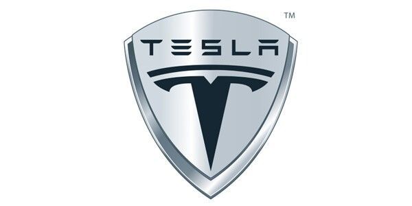 Tesla logo in silver and black shield shape