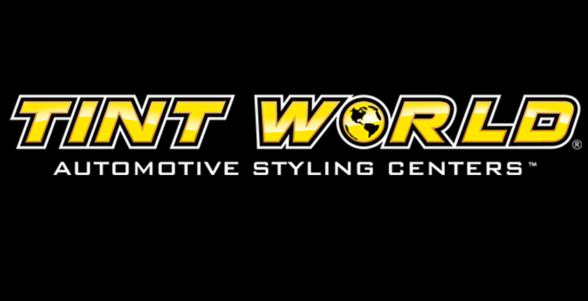 Tint World Automotive Styling Centers logo in yellow and white on a black background