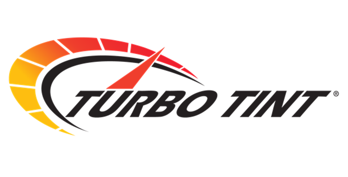 Turbo Tint logo with black text and red-orange sunburst arc on white background