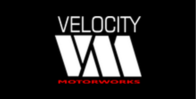 Velocity Motorworks logo in white and red on a black background