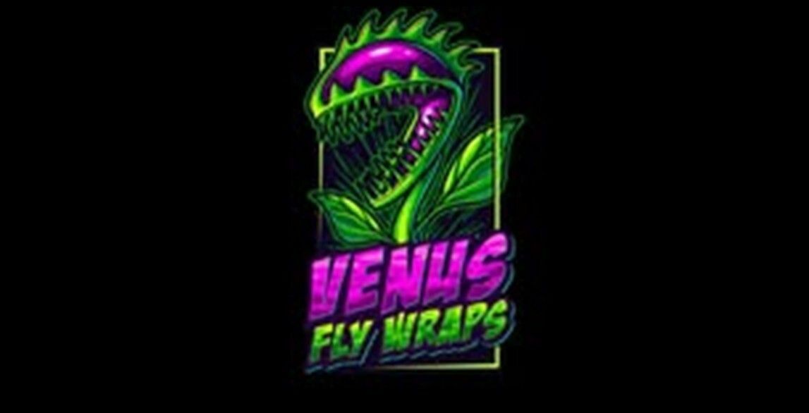 A graphic of a green and purple venus fly trap plant with the words “Venus Fly Wraps” on a black background.