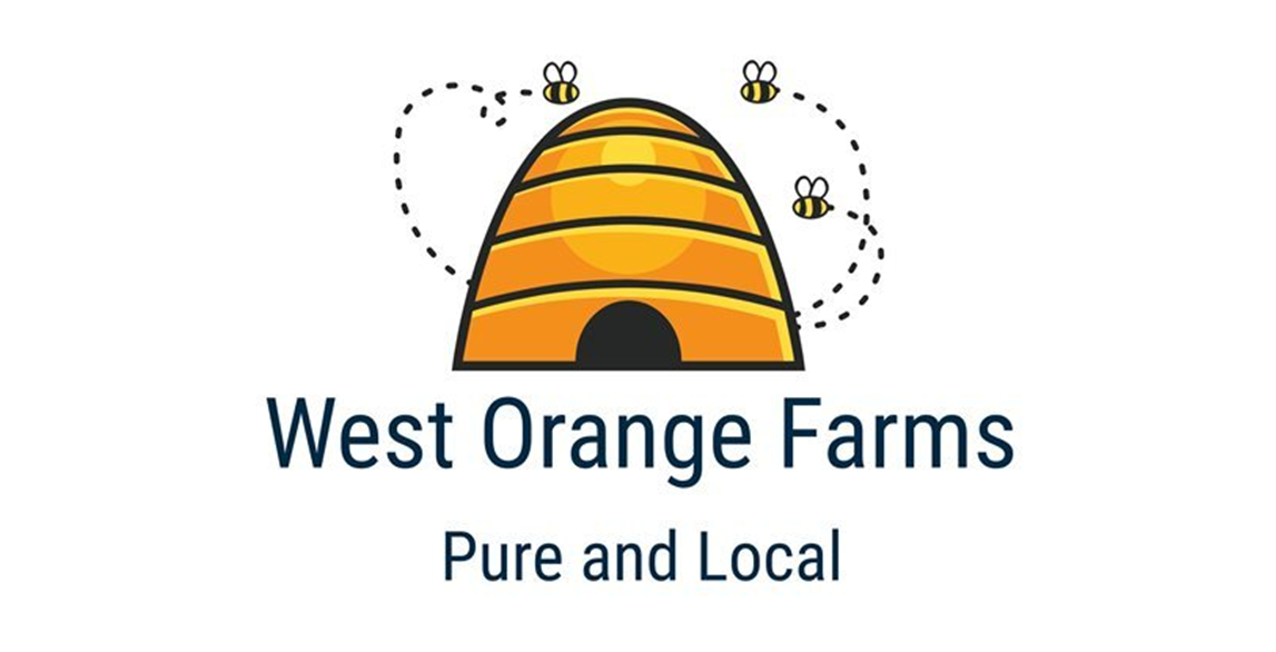 West Orange Farms logo with orange beehive and bees; text reads “Pure and Local”