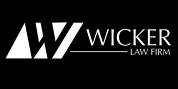Wicker Law Firm logo with white geometric W on a black background