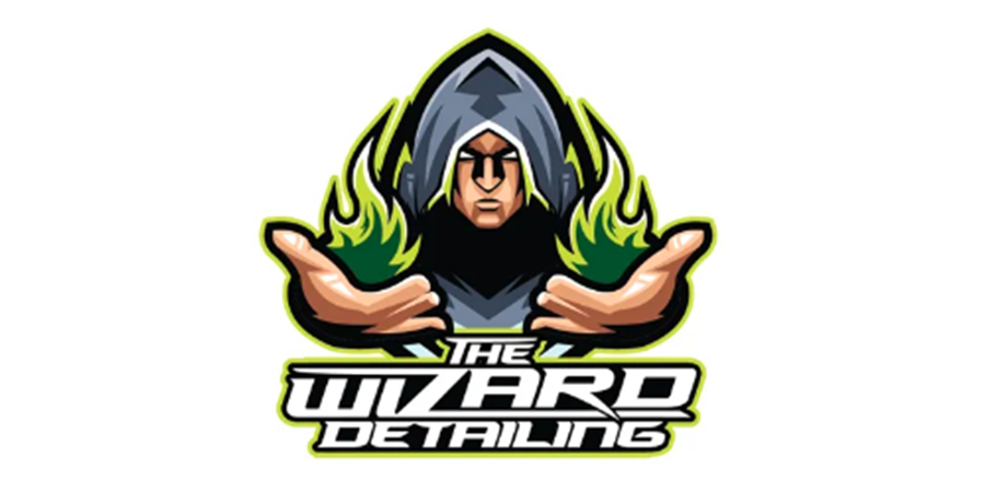 Wizard-themed gaming logo with hooded figure, glowing green accents, and the text 