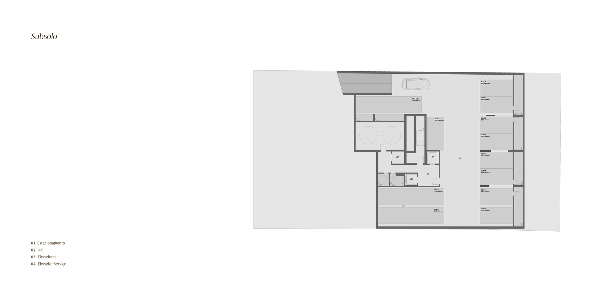 Planta baixa de um edifício. Layout interno com cômodos, corredores e área externa.