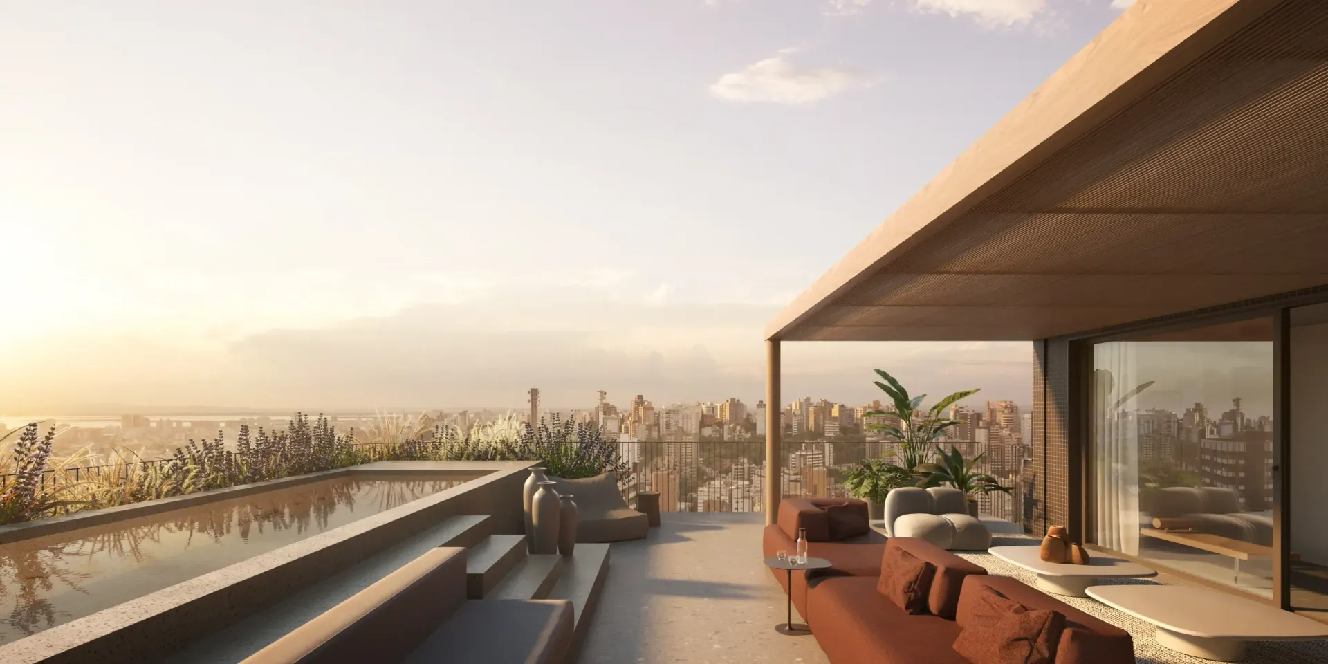 Terraço na cobertura com assentos, plantas e teto de madeira. Tons de creme e marrom predominam no design.