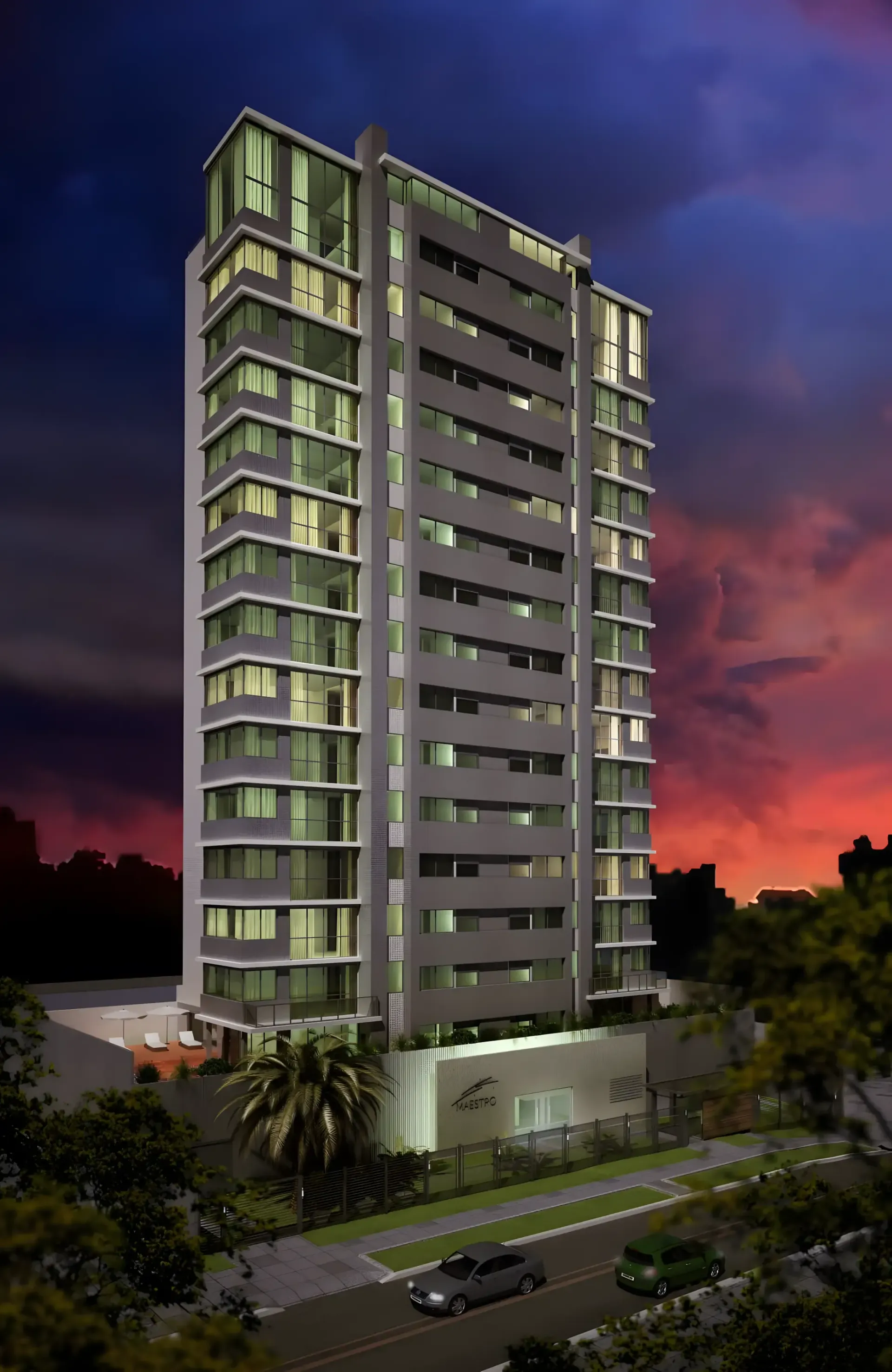 Prédio de apartamentos alto e moderno, visto de um ângulo baixo, com muitas janelas e varandas.
