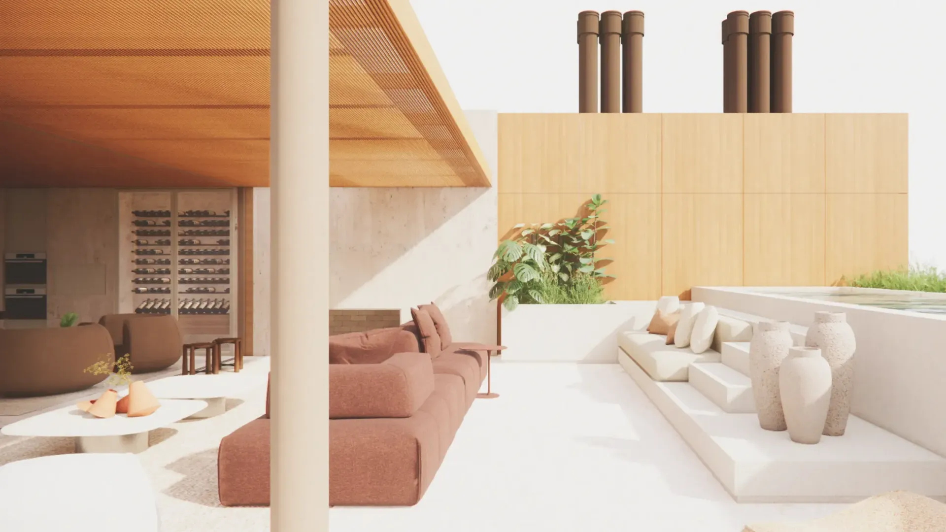 Pátio externo moderno com assentos, plantas e detalhes em madeira; paleta de cores neutras.