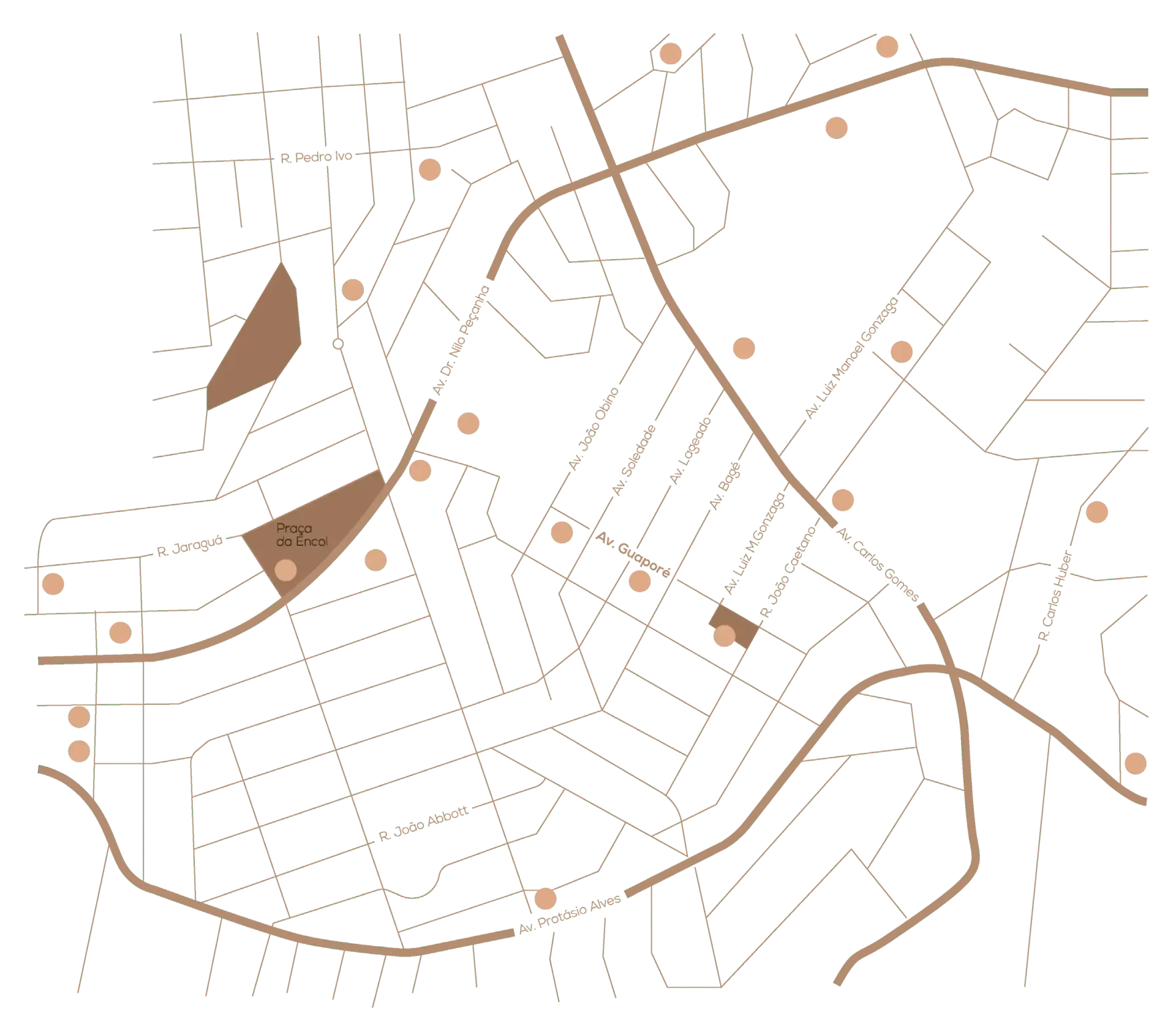 Mapa mostrando estradas e ruas pontilhadas, com áreas sombreadas em marrom e círculos.
