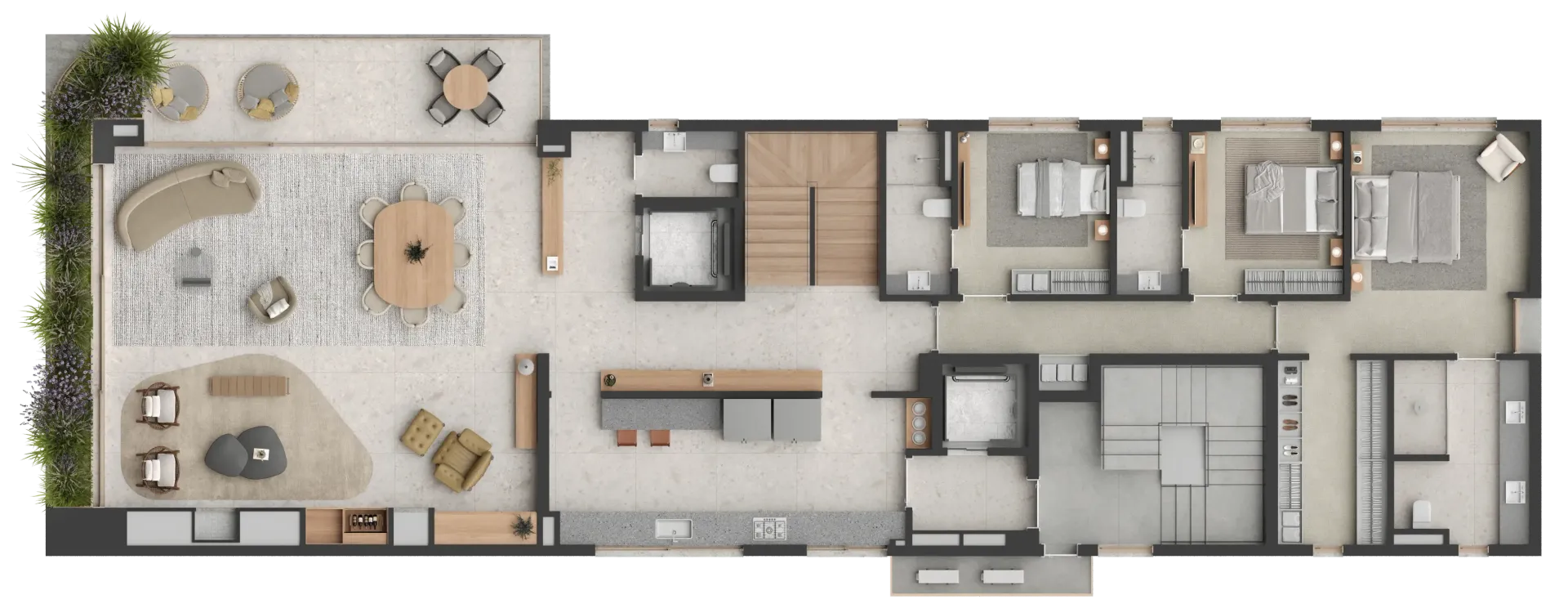 Planta arquitetônica de uma casa moderna, mostrando os cômodos, o pátio externo e a disposição dos móveis.