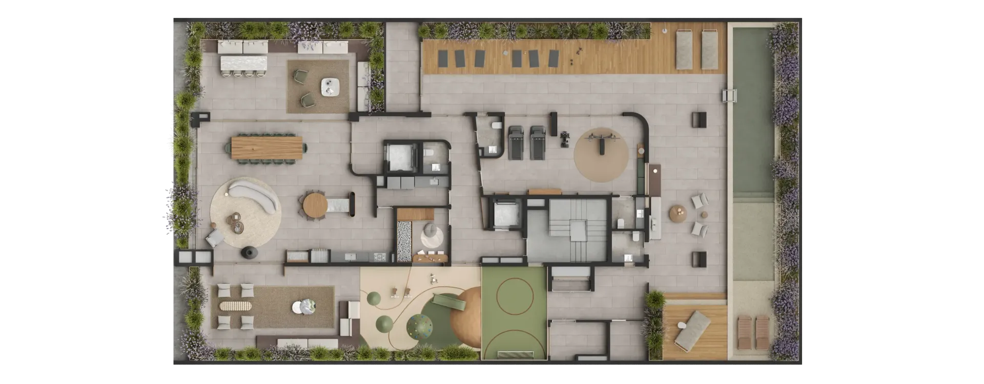 Planta baixa de uma casa comprida e estreita com área de pátio externo e vários cômodos.