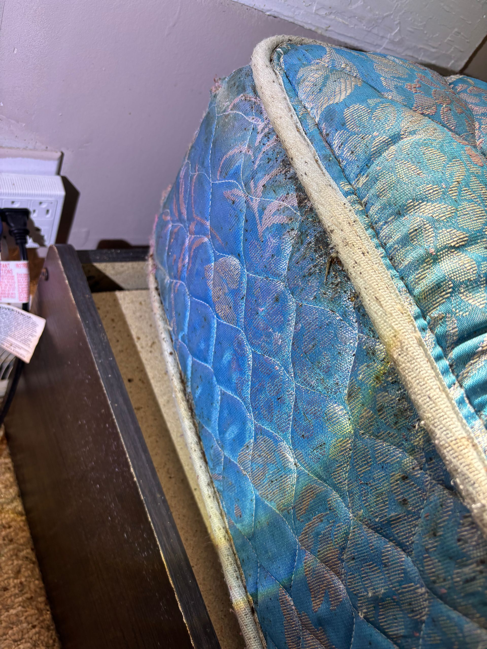 Blue mattress leaning against a wall beside a wooden bed frame