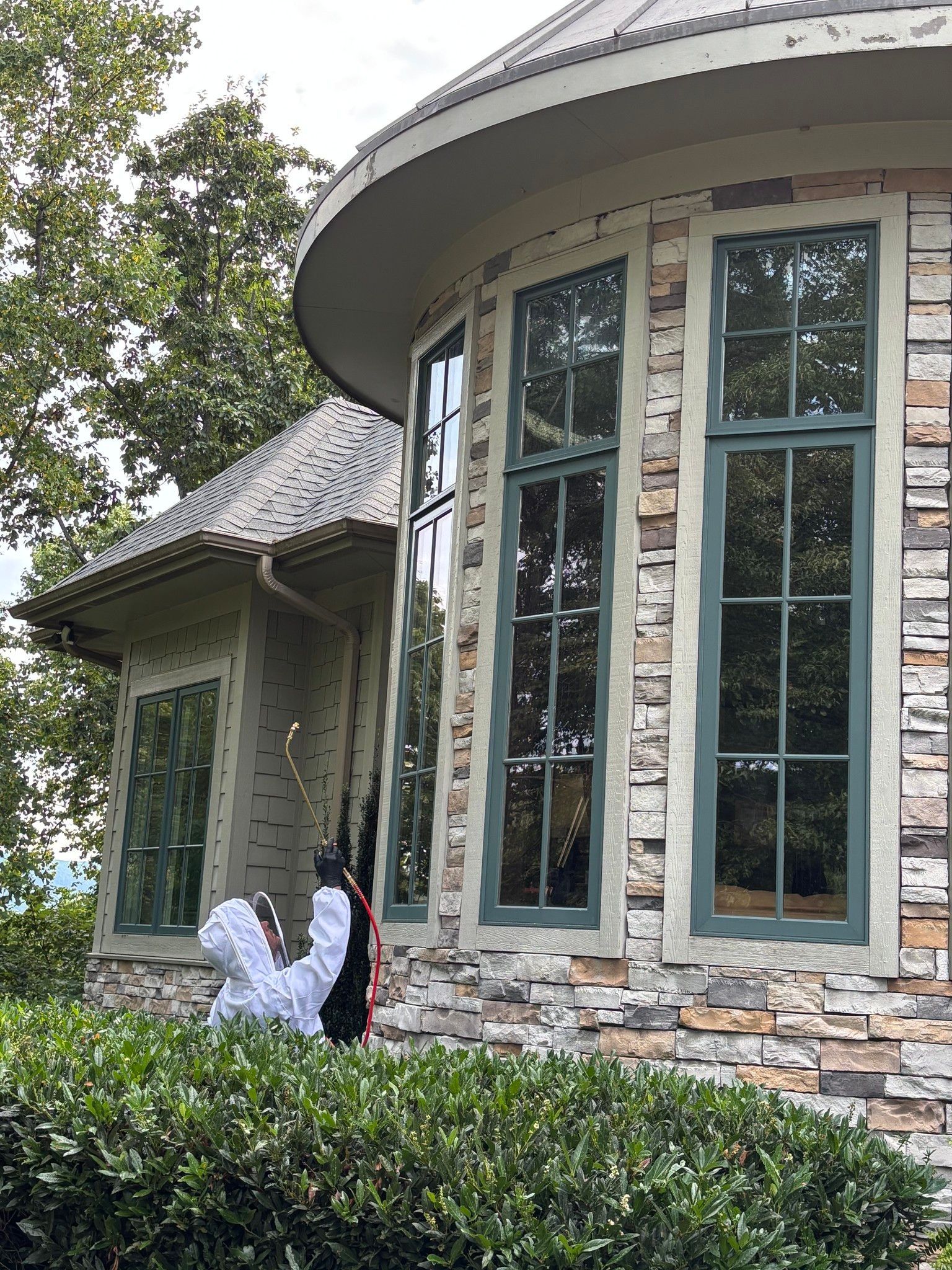 Person in a white hijab standing by a house with large windows and stone siding, beside trimmed shrubs.