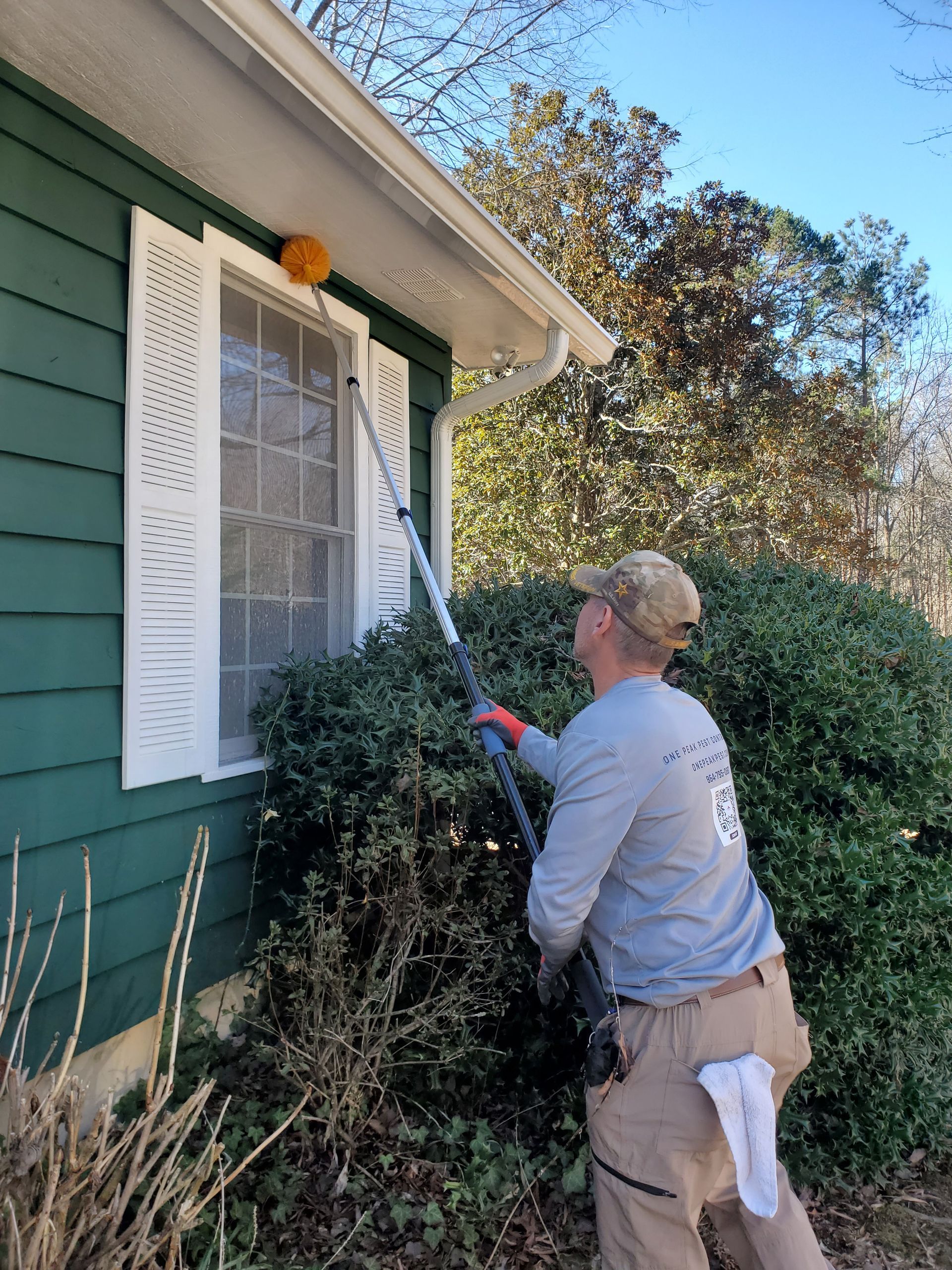 Person trimming bushes beside a green house with white shutters using a pole saw