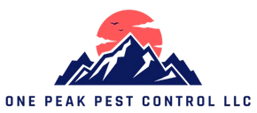 Logo for One Peak Pest Control LLC featuring blue mountains, red sun, and text.
