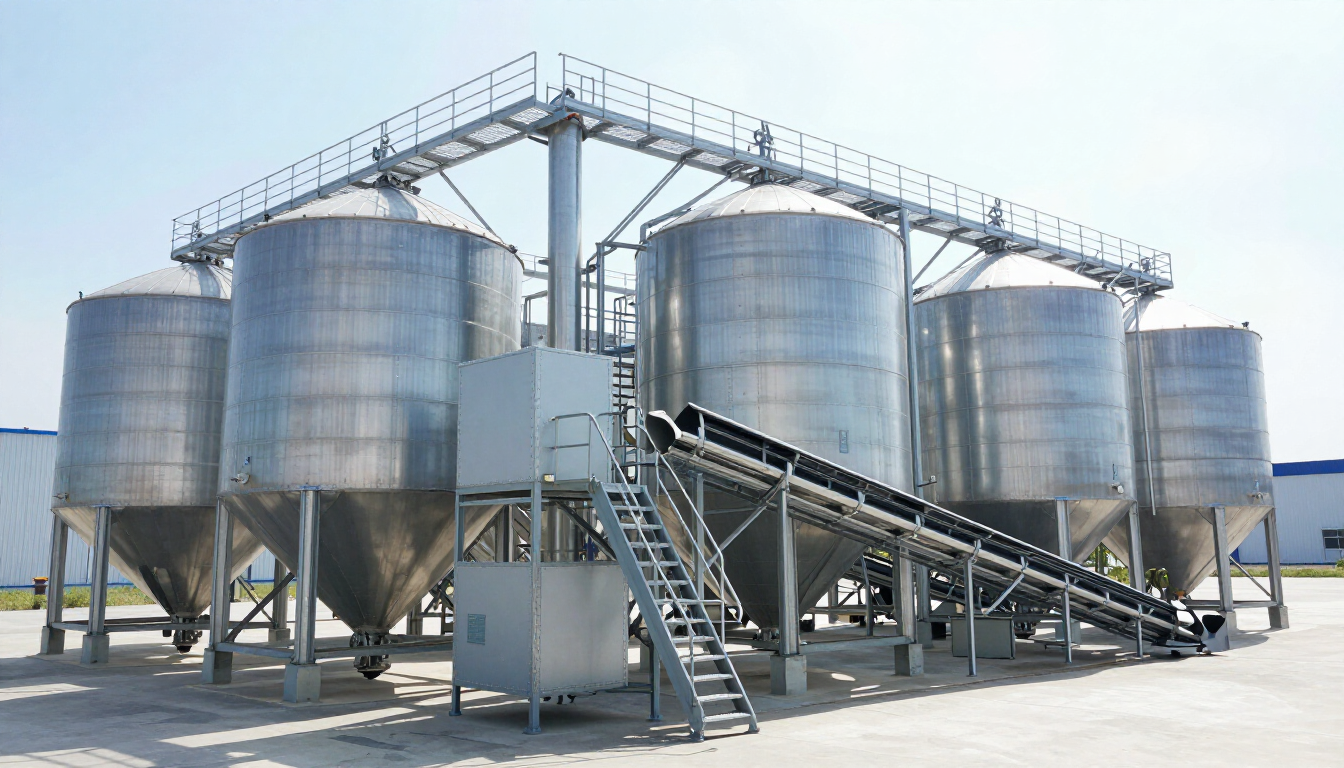 Planta agroindustrial con silos metálicos y módulos compactos de alimento balanceado