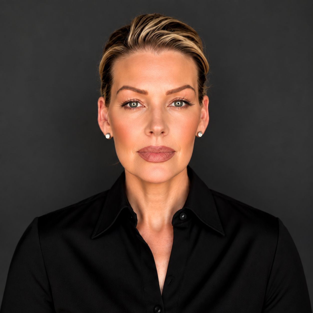 Studio headshot of a person in a black shirt against a dark background