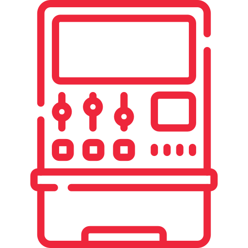 A red icon of a calculator on a white background.