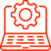 A red icon of a laptop with a gear on it.