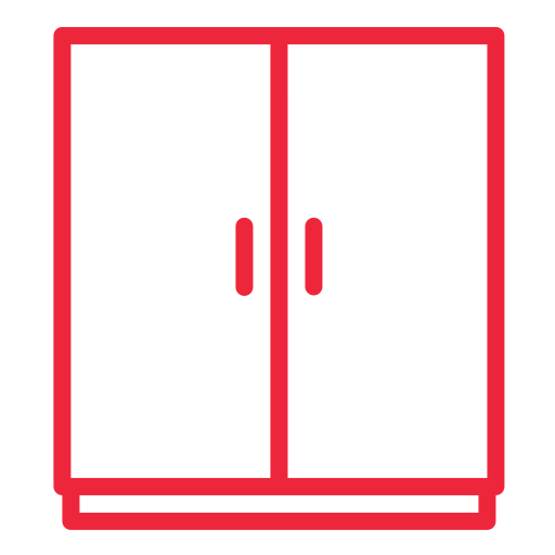 A red icon of a wardrobe with two doors on a white background.