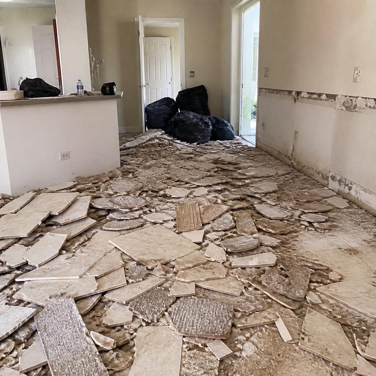 Renovation debris chipped up inside a home
