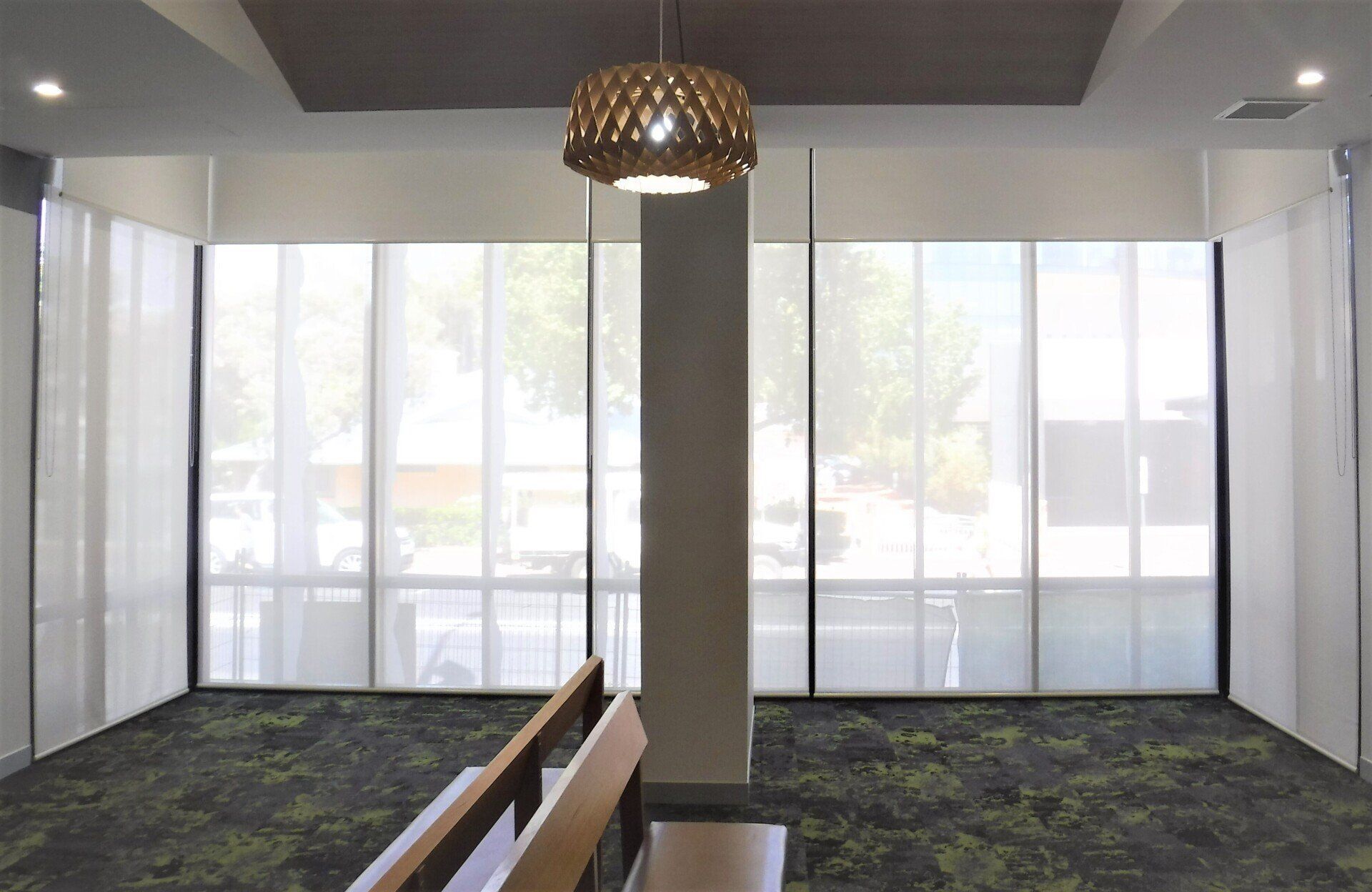 Interior View of A Room with Large Windows and A Decorative Light Fixture — Alice Mobile Blinds in Ciccone, NT