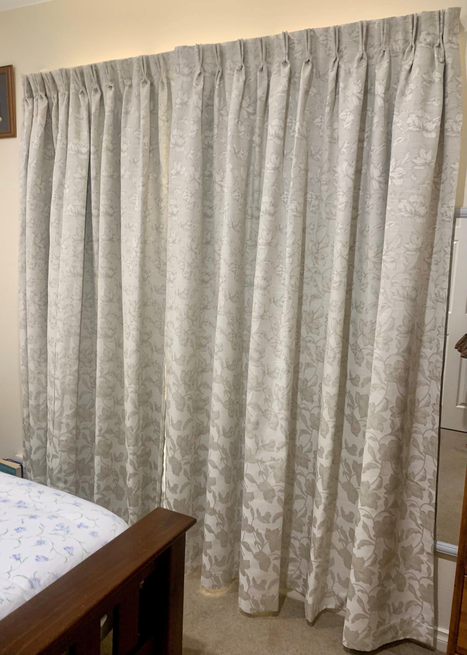 Beige Patterned Curtains Hang in A Room — Alice Mobile Blinds in Ciccone, NT
