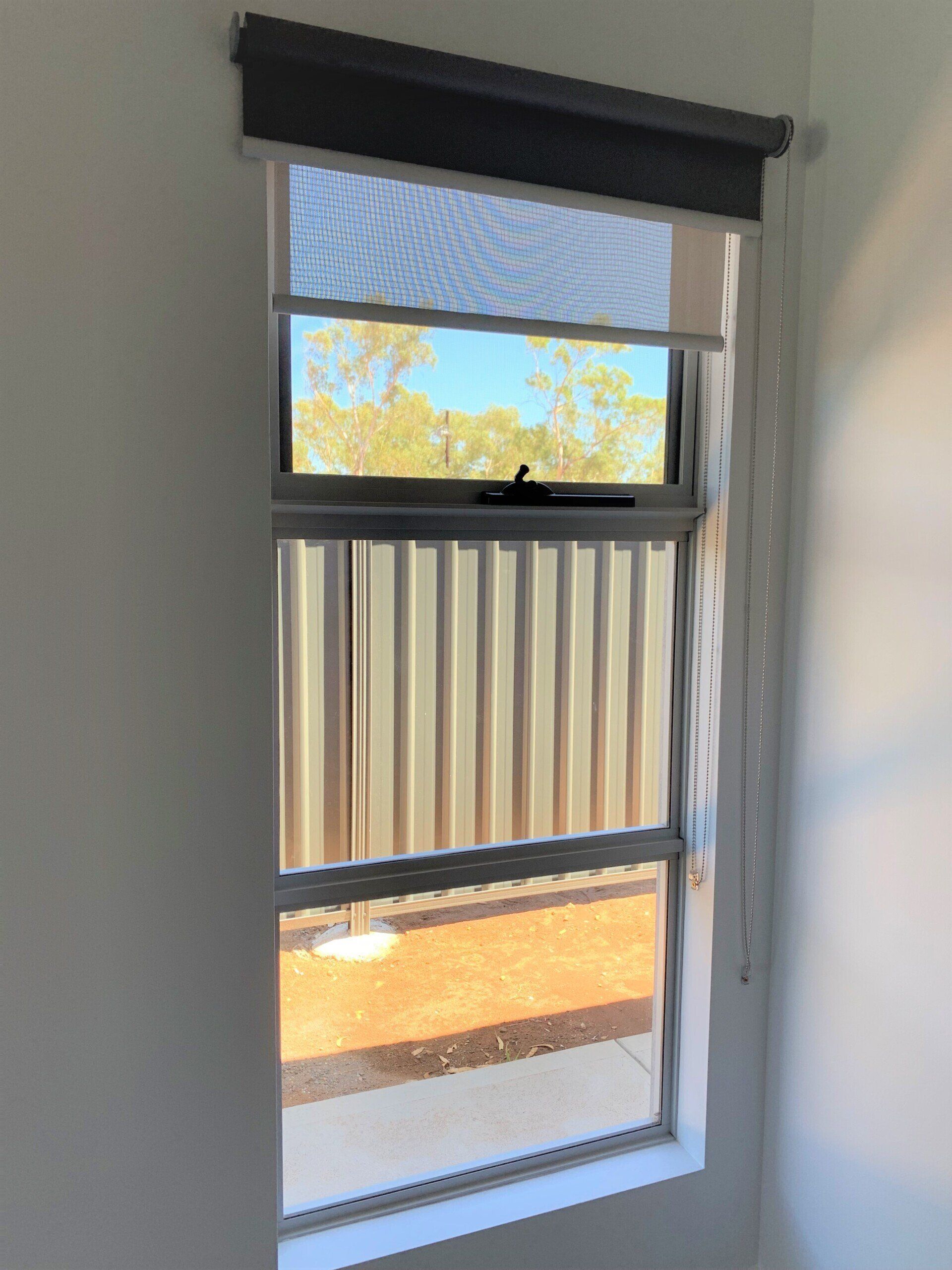 Tall Window with Roller Shade, Screen and Vertical Blinds — Alice Mobile Blinds in Ciccone, NT