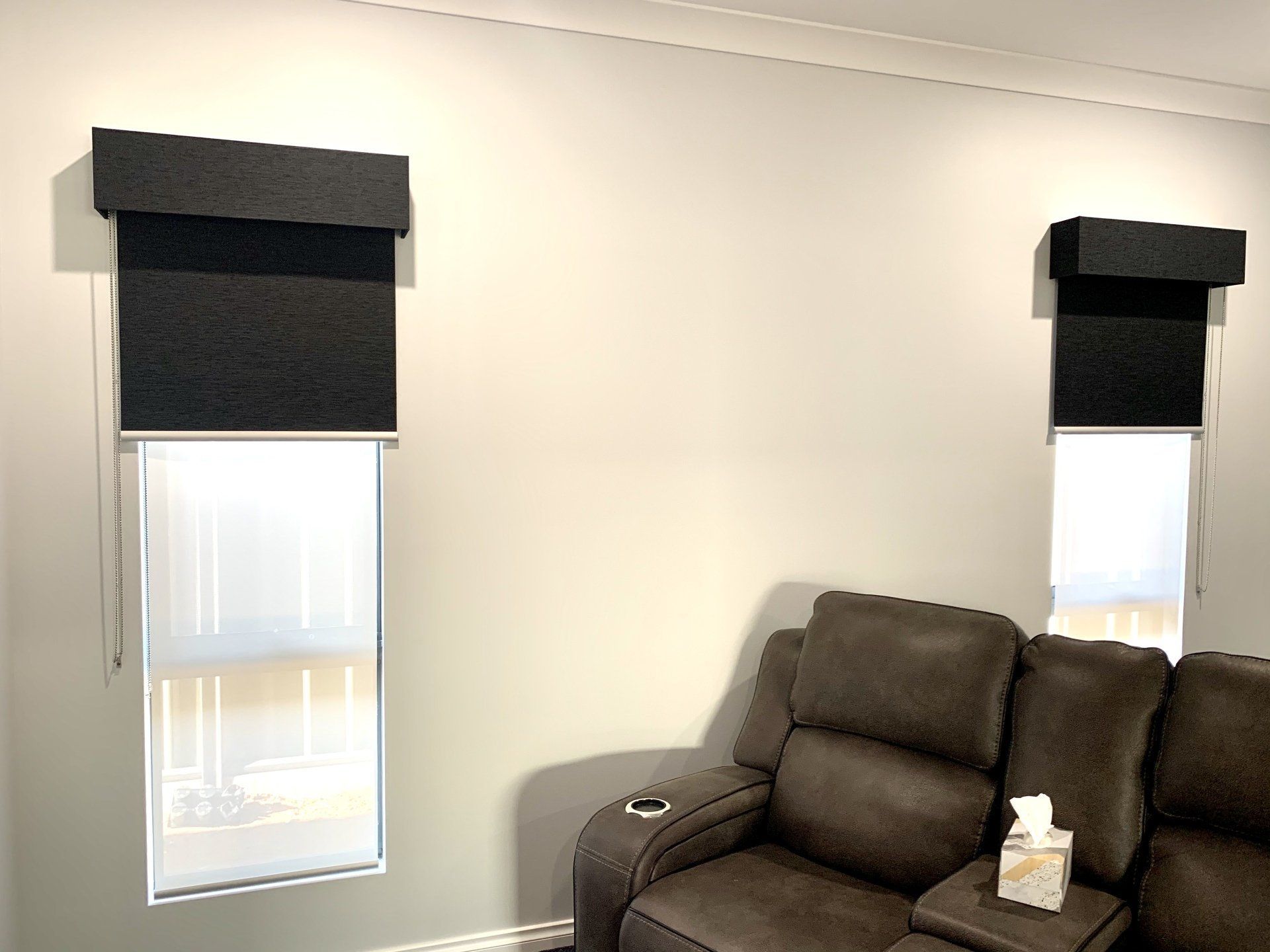 Two Windows with Black Roller Shades and Valances — Alice Mobile Blinds in Ciccone, NT