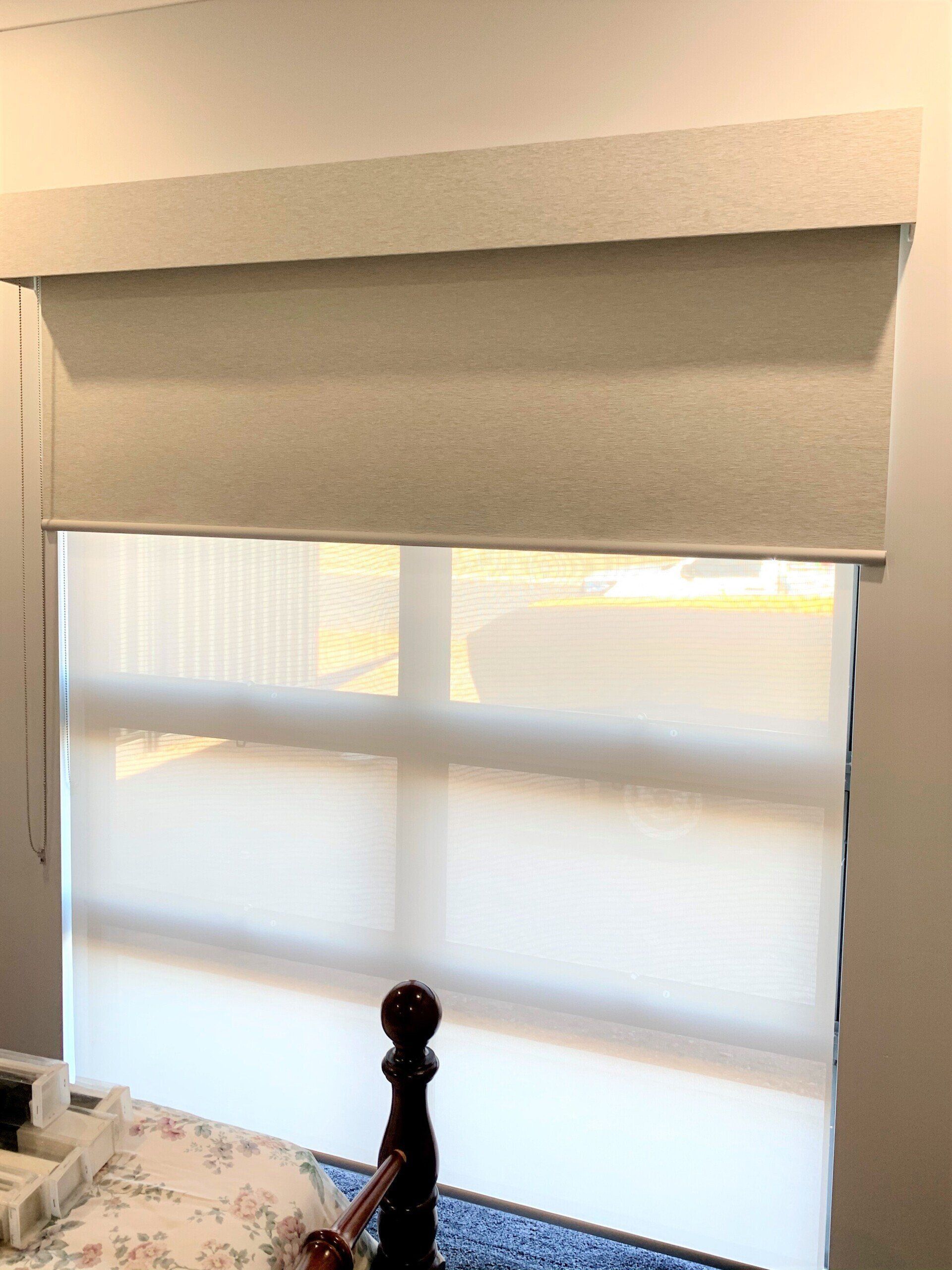 Beige Roller Shades on A Window with A Matching Valance — Alice Mobile Blinds in Ciccone, NT