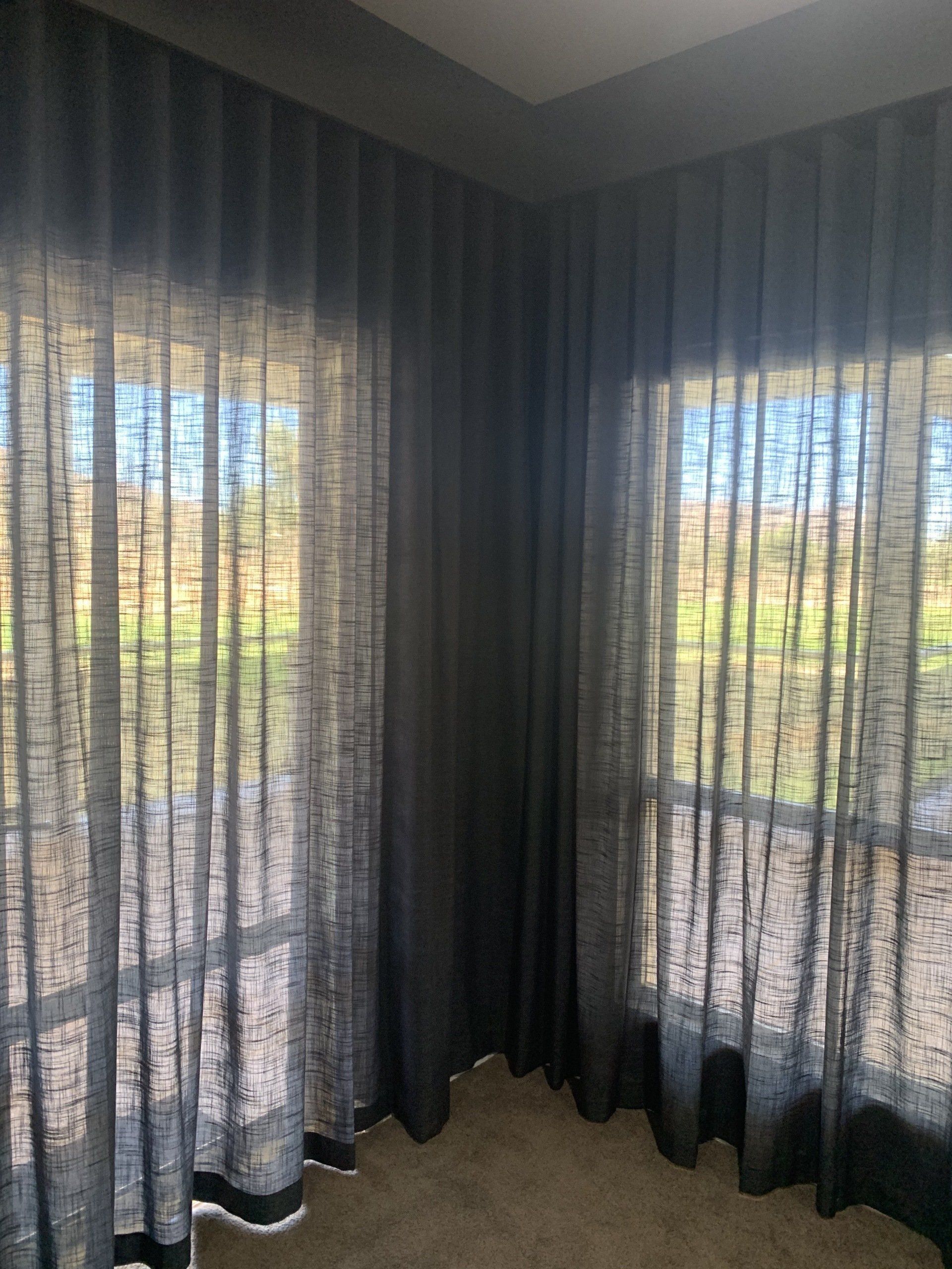 Dark Grey Sheer Curtains Covering Two Windows — Alice Mobile Blinds in Ciccone, NT