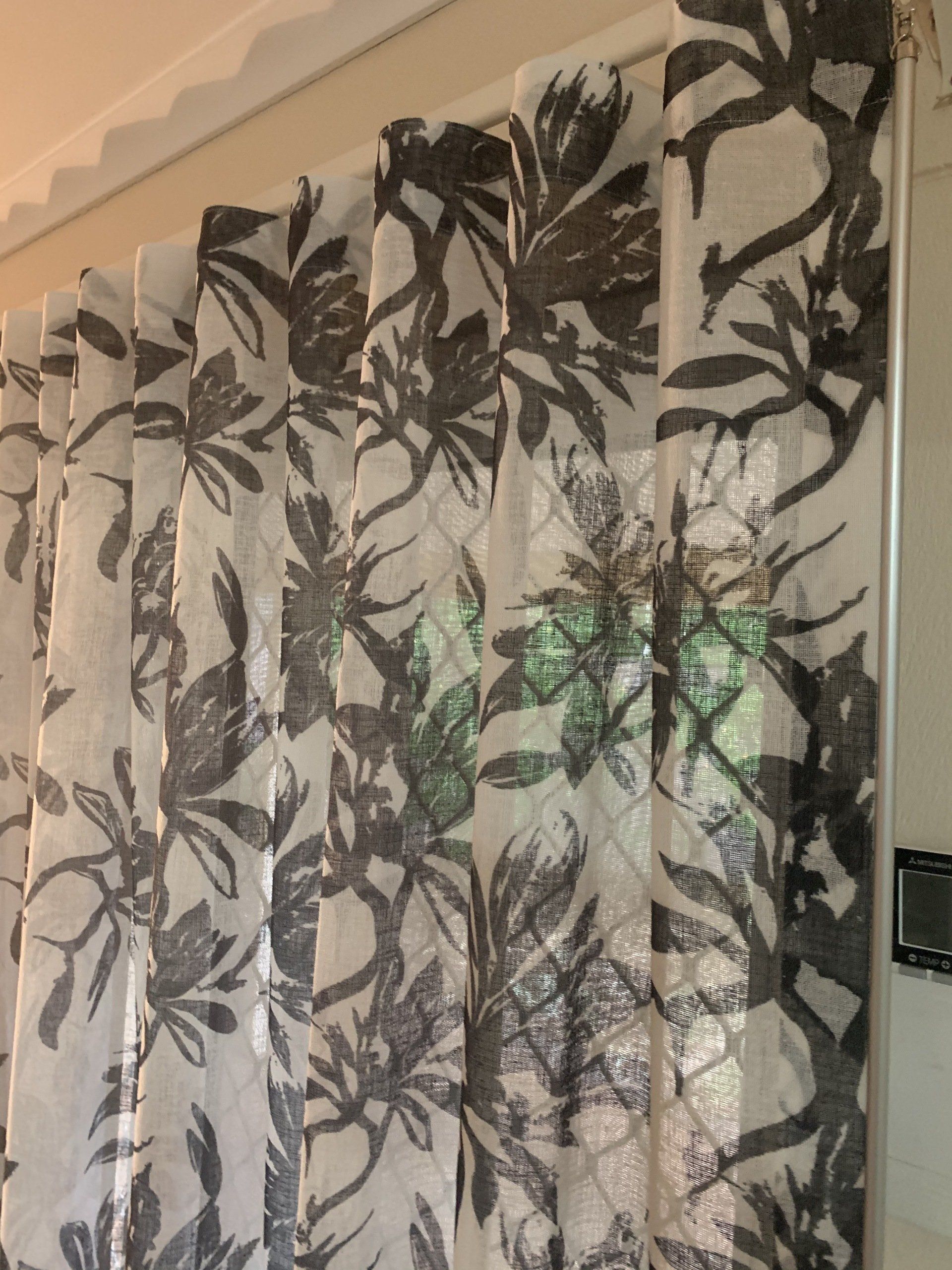 Sheer White Curtain with Dark Grey Floral Pattern — Alice Mobile Blinds in Ciccone, NT