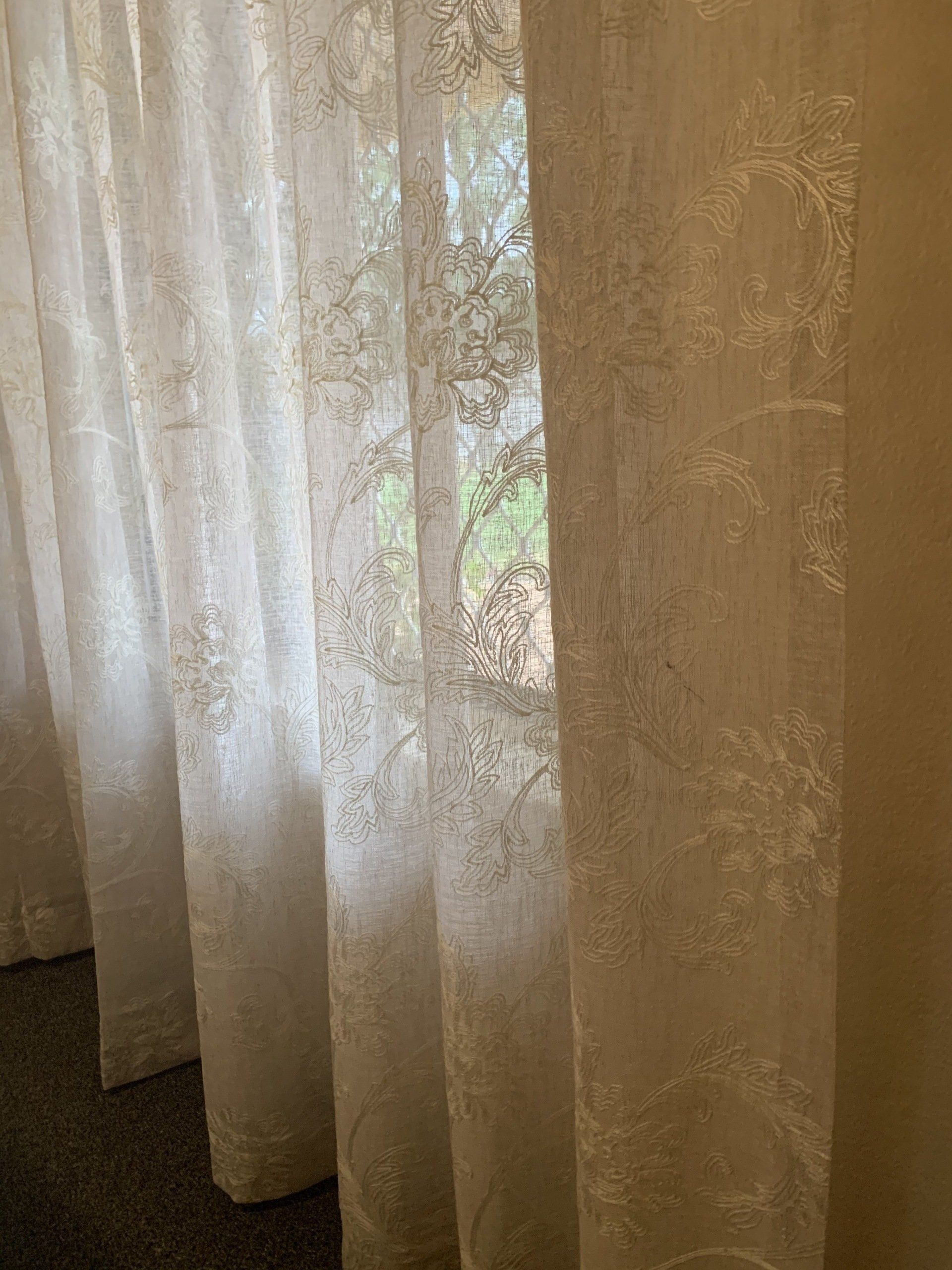 Sheer White Curtains with A Delicate Pattern — Alice Mobile Blinds in Ciccone, NT