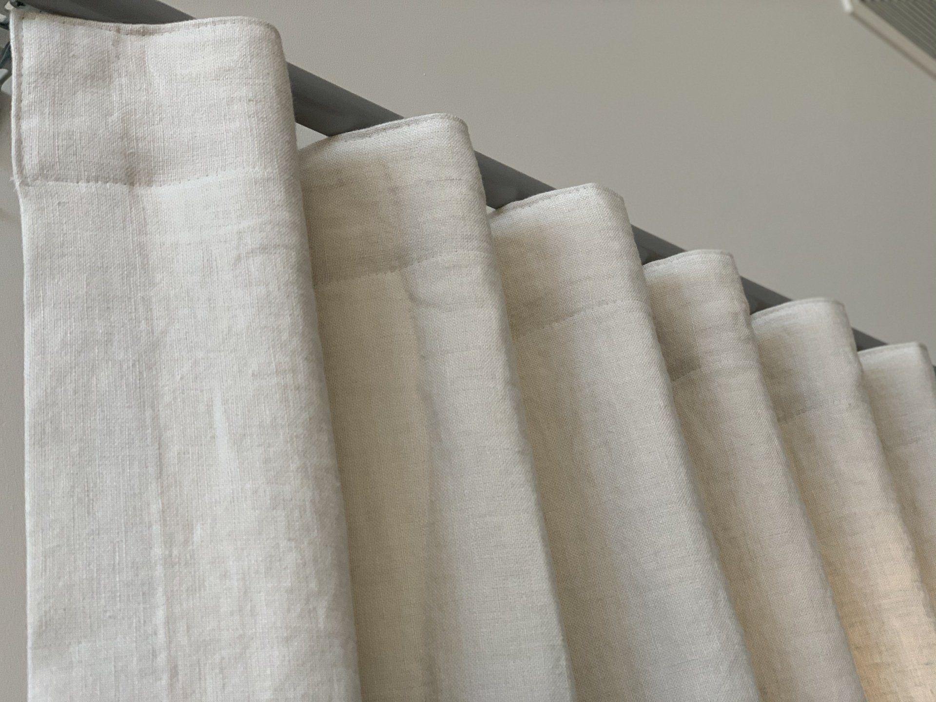 Beige Linen Curtains Hanging from A Silver Rod — Alice Mobile Blinds in Ciccone, NT