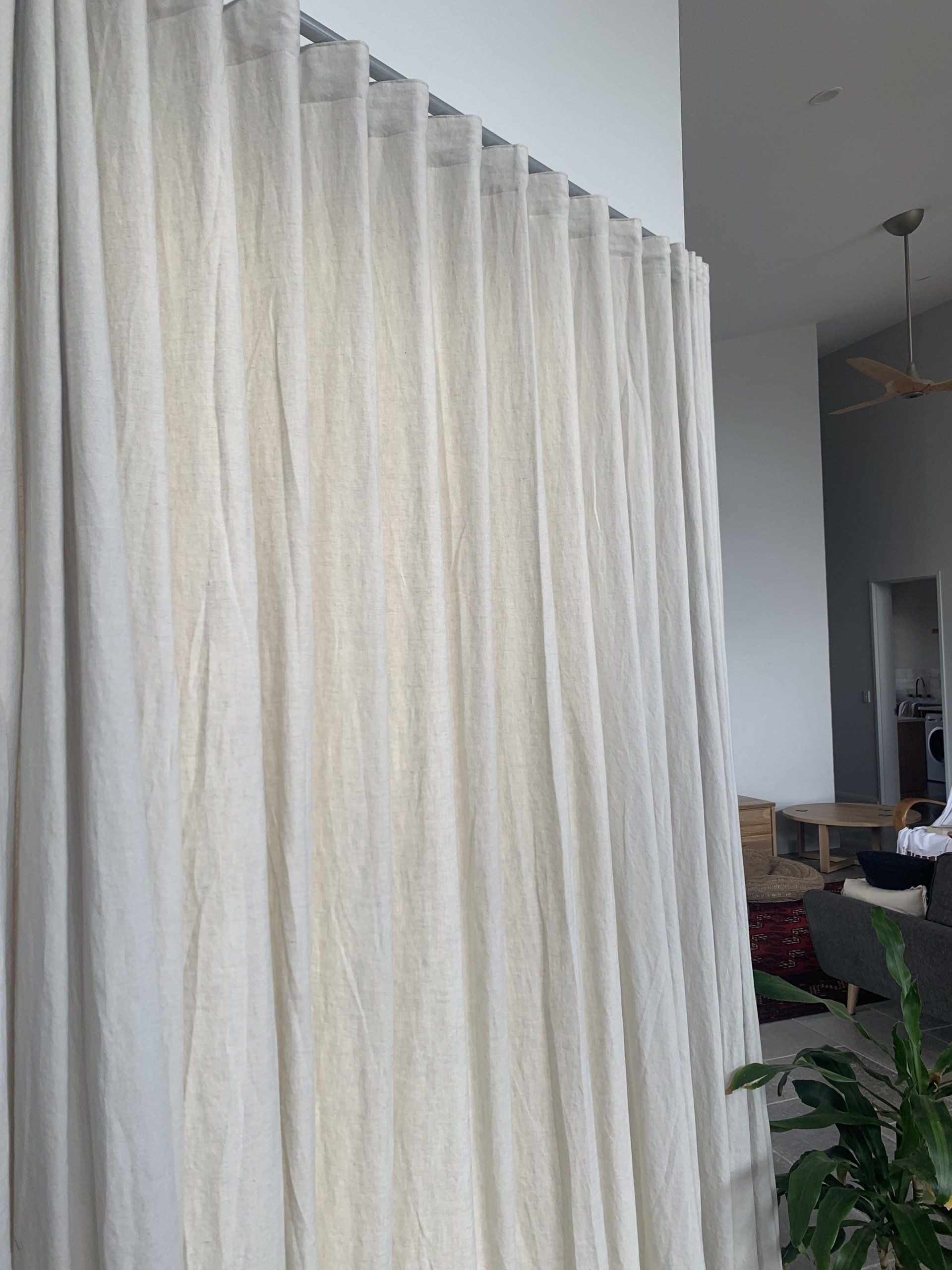 Beige Linen Curtains Hanging on A Rod — Alice Mobile Blinds in Ciccone, NT