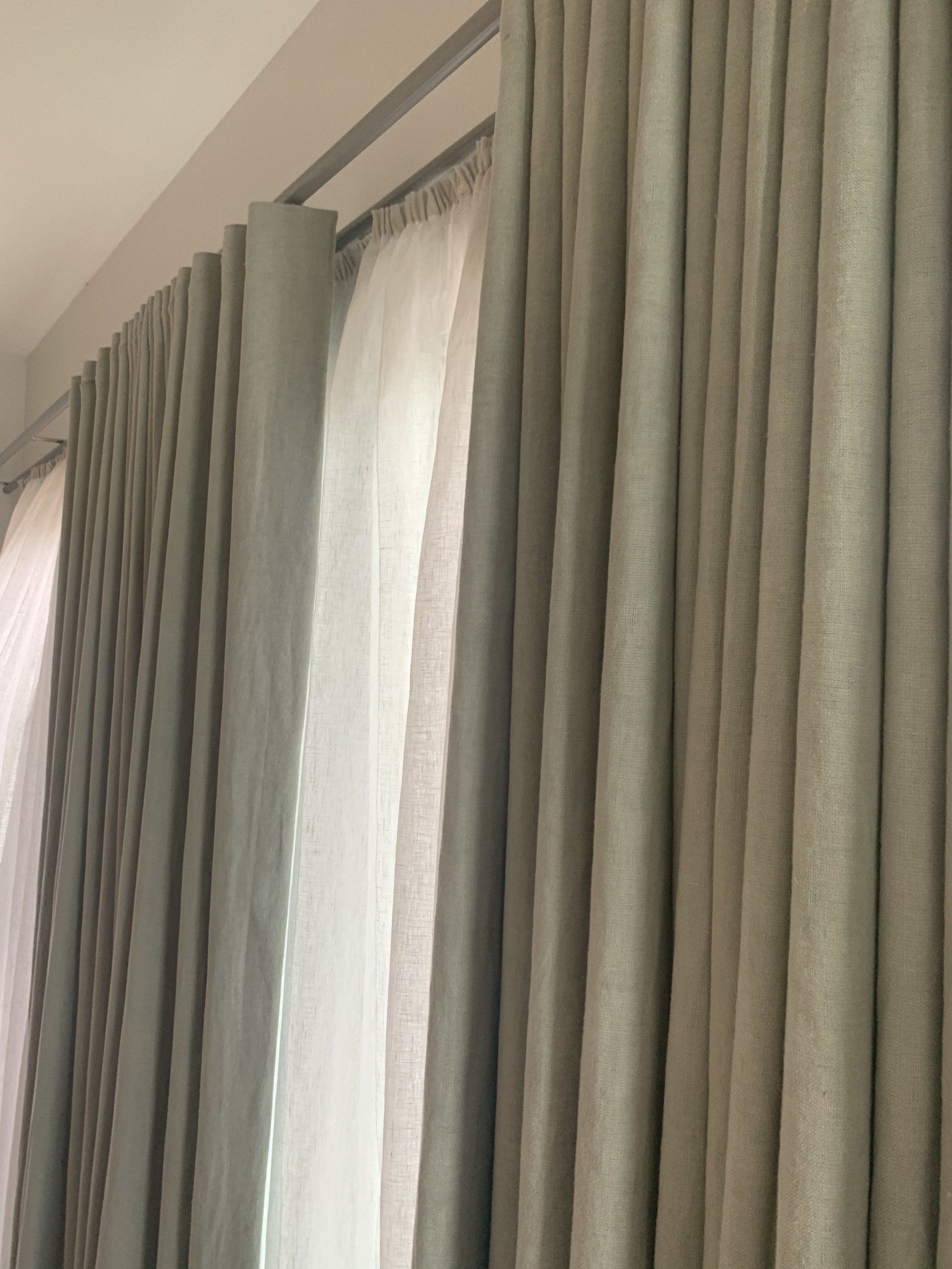 Pleated Light-Green Curtains with Sheer White Curtain — Alice Mobile Blinds in Ciccone, NT