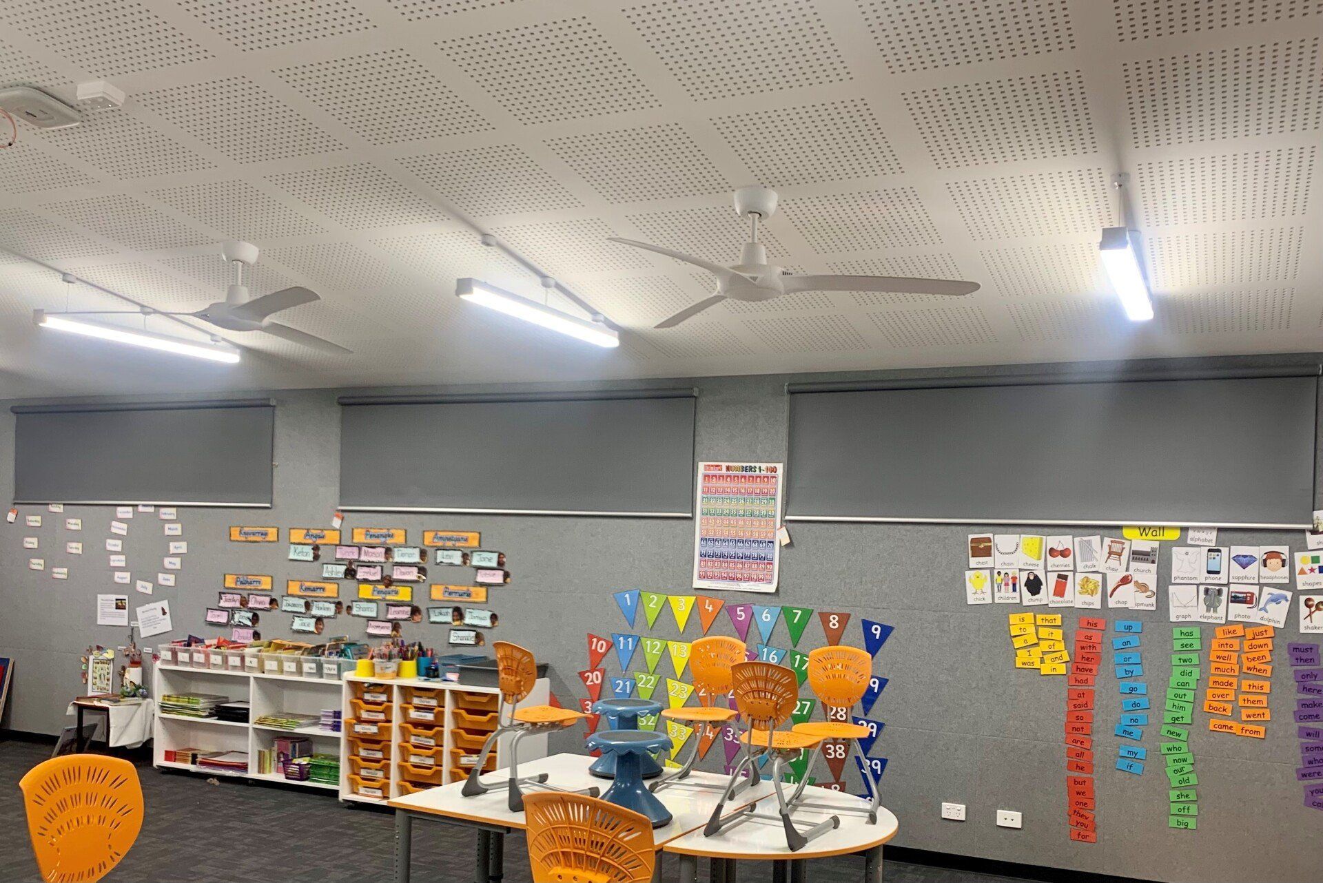 Classroom Interior with Grey Walls, White Ceiling Fans and Desks — Alice Mobile Blinds in Ciccone, NT