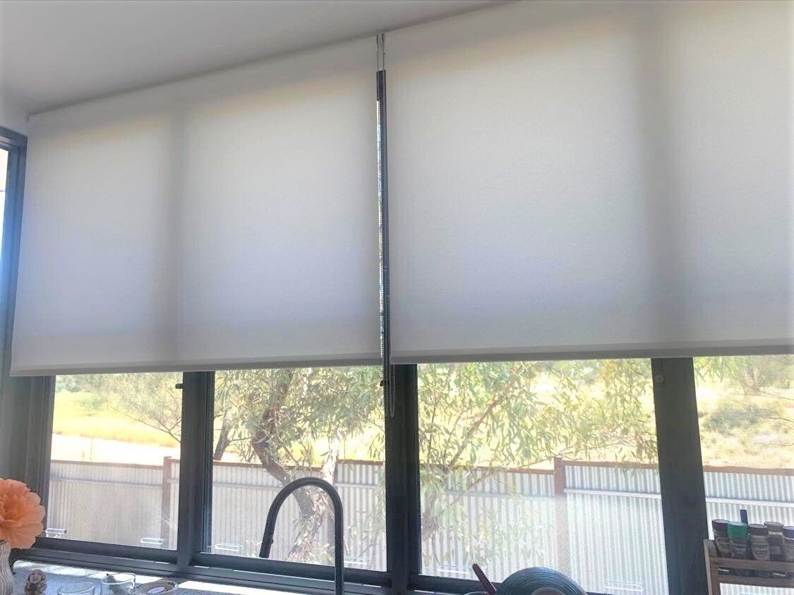 White Roller Shades Partially Cover Windows with A View of A Tree — Alice Mobile Blinds in Ciccone, NT