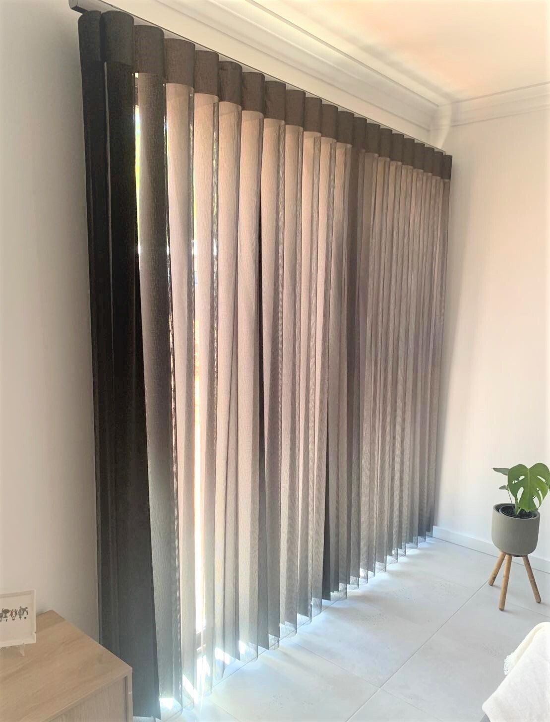 Grey Vertical Blinds and Sheer Curtains in A Room — Alice Mobile Blinds in Ciccone, NT