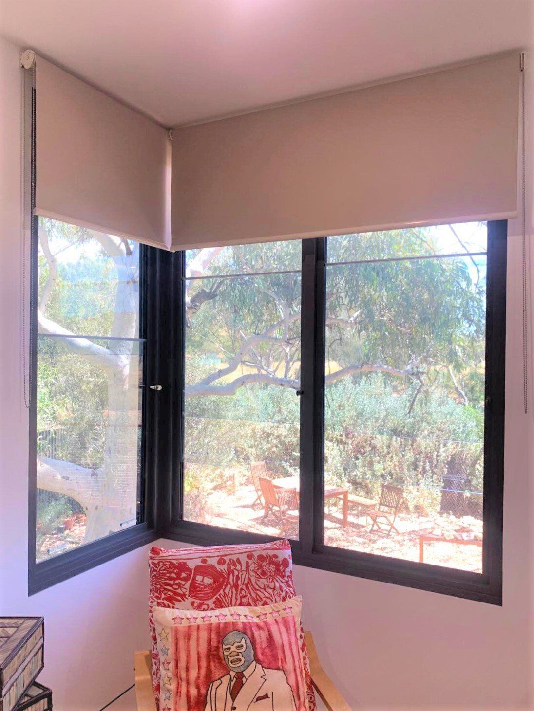 Corner Window with Closed Black Frames — Alice Mobile Blinds in Ciccone, NT