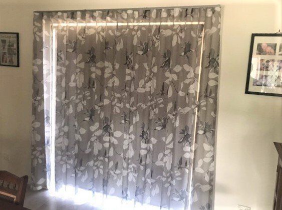 Vertical Blinds with A White and Grey Floral Pattern — Alice Mobile Blinds in Ciccone, NT