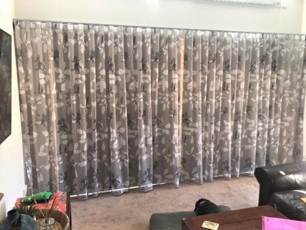 Grey and White Floral Patterned Curtains — Alice Mobile Blinds in Ciccone, NT