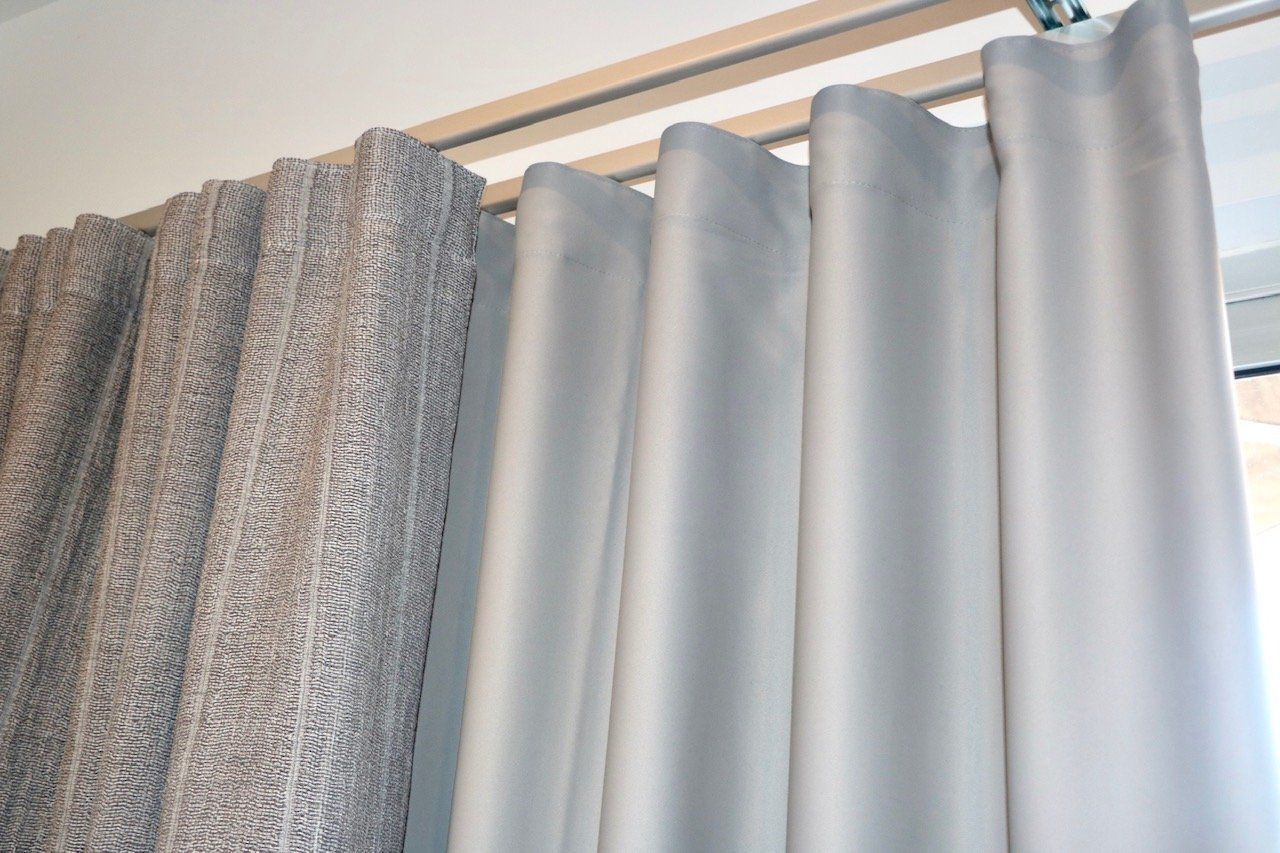 Curtains with Light Grey and Patterned Fabric — Alice Mobile Blinds in Ciccone, NT
