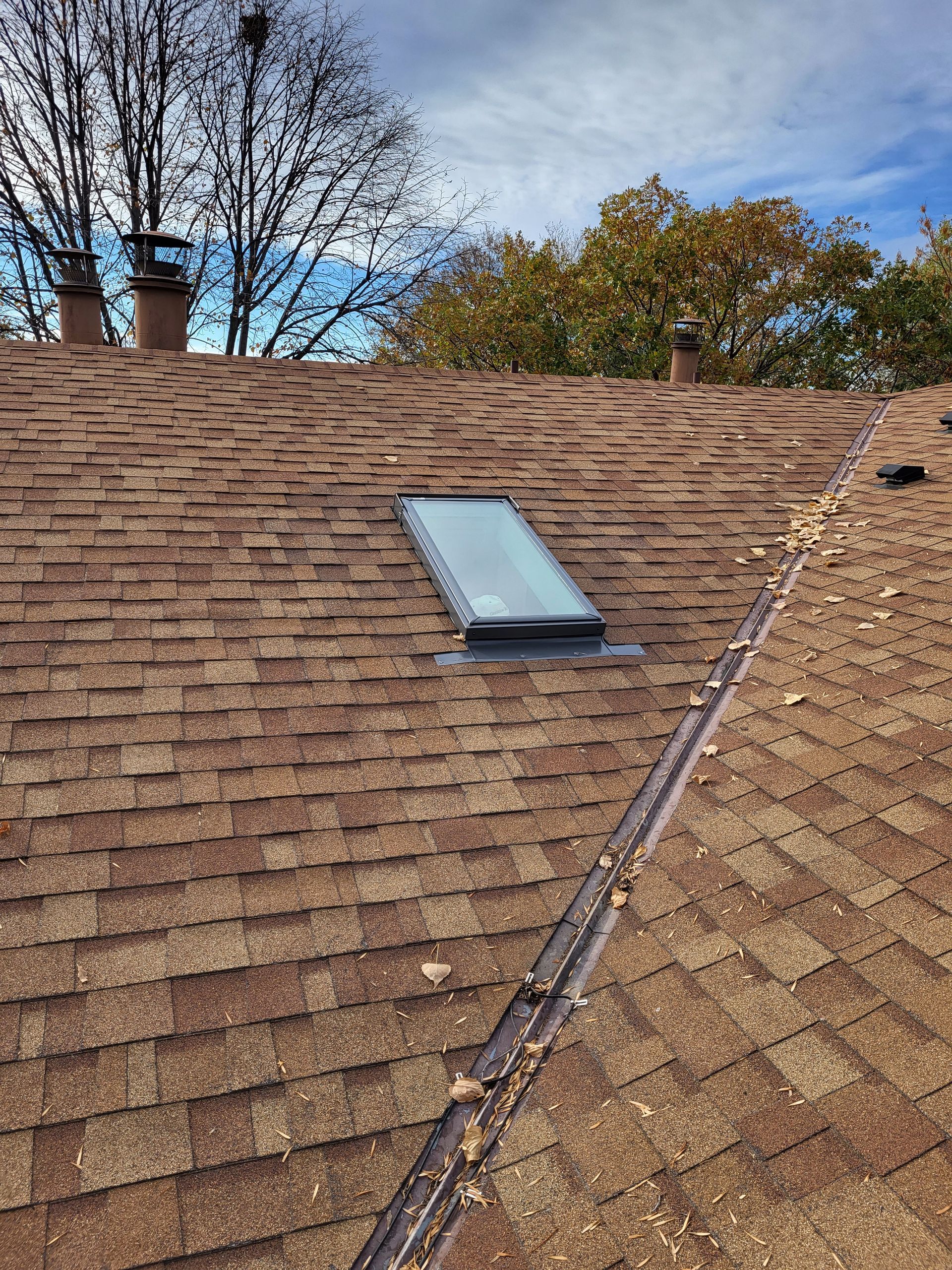 There is a skylight on the roof of a house.