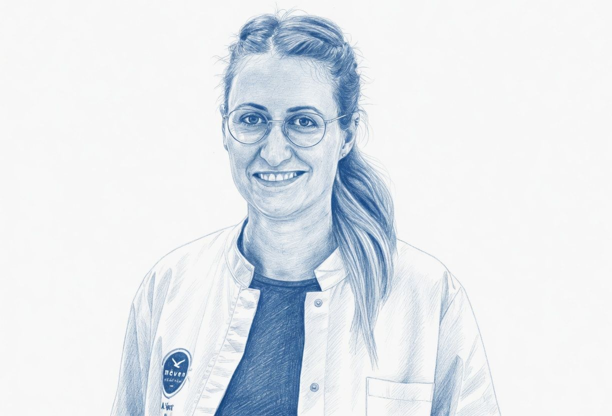 Eine Zeichnung einer Frau mit Brille und Laborkittel.